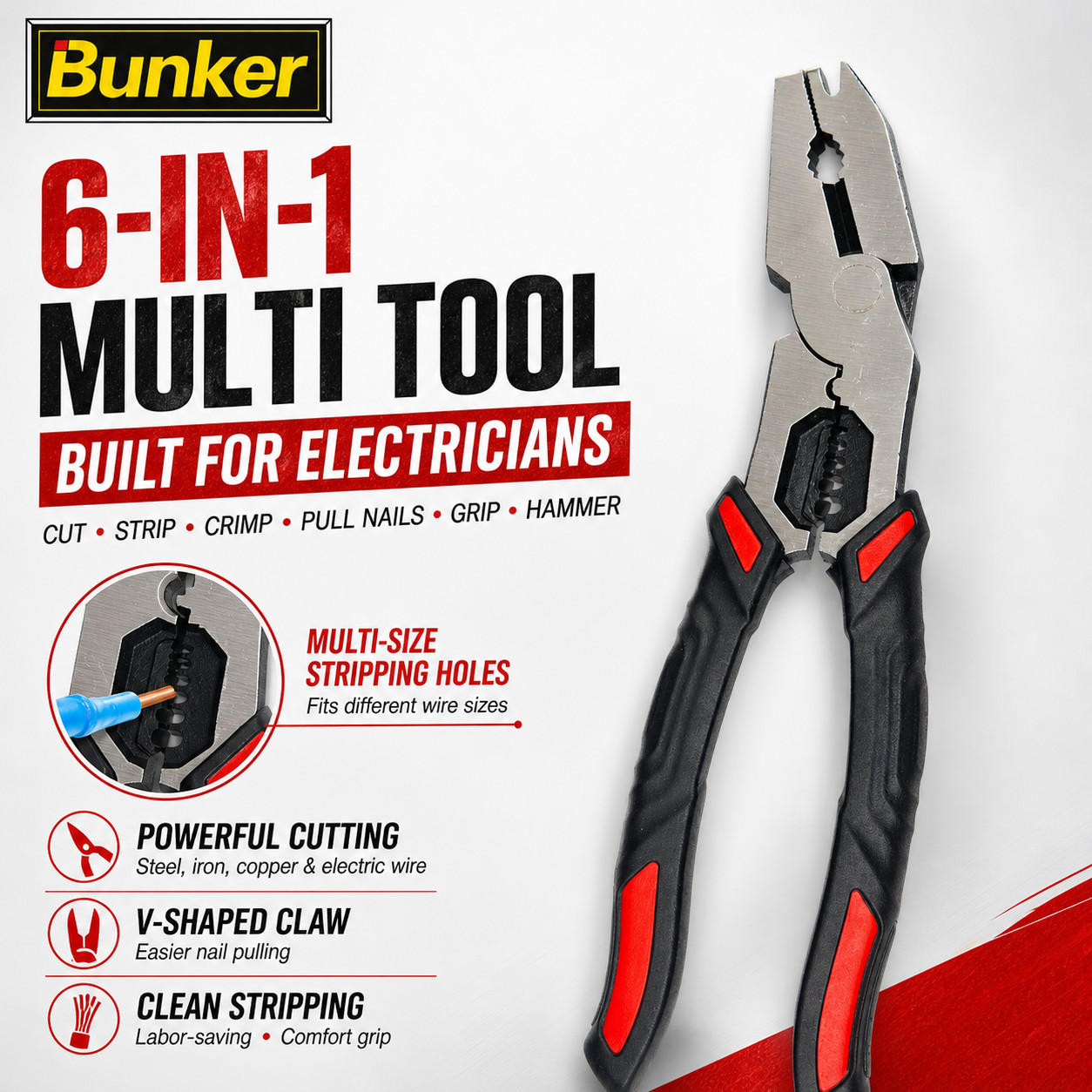 Bunker 6 in 1 Electrician Multi Tool Wire Stripper Crimper V-Shape Nail Puller