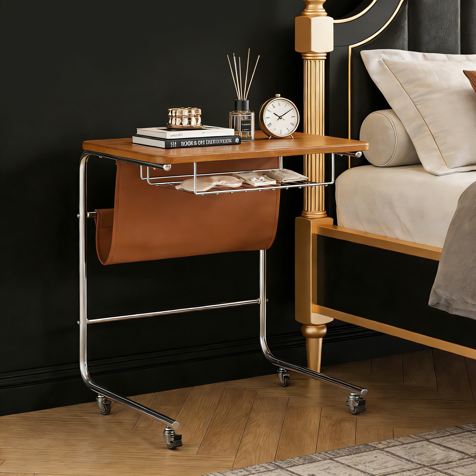 Sofa Side Table,C-Shaped End Table with Universal Wheels,End Table living room