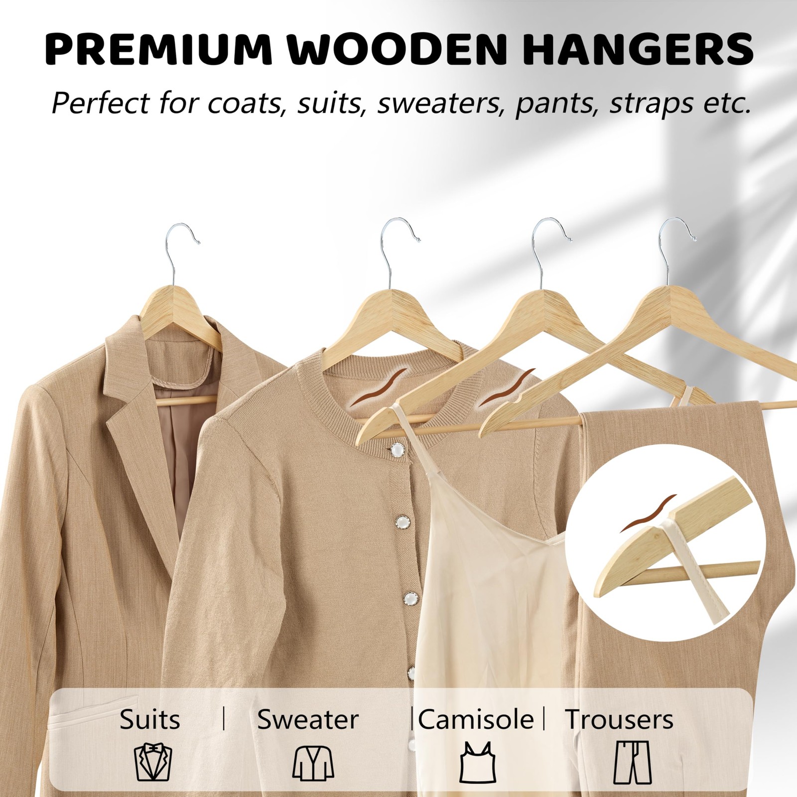 Wooden Hangers 20 Pack, Durable Wood Hangers with 360° Swivel Hook & Notches,...