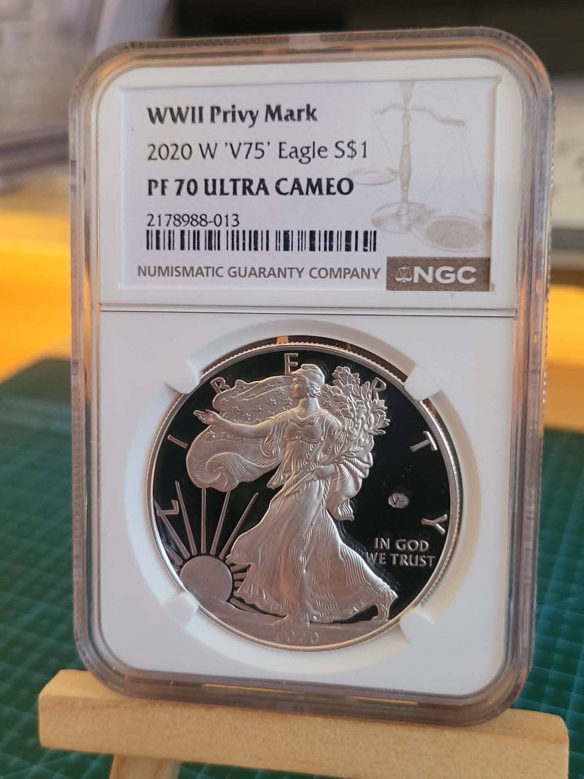2020 W End of World War II 75th Anniversary Privy V75 PROOF Eagle NGC PF70 RARE