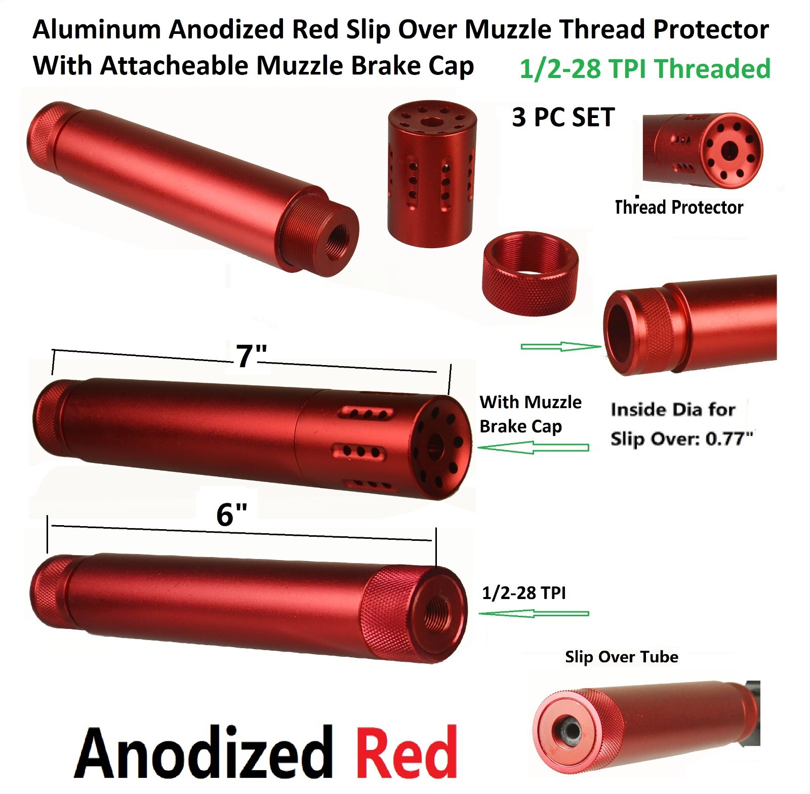 Aluminum Red 1/2X28 TPI Slip Over Tube 6" With Muzzle Brake/Protector Attachment