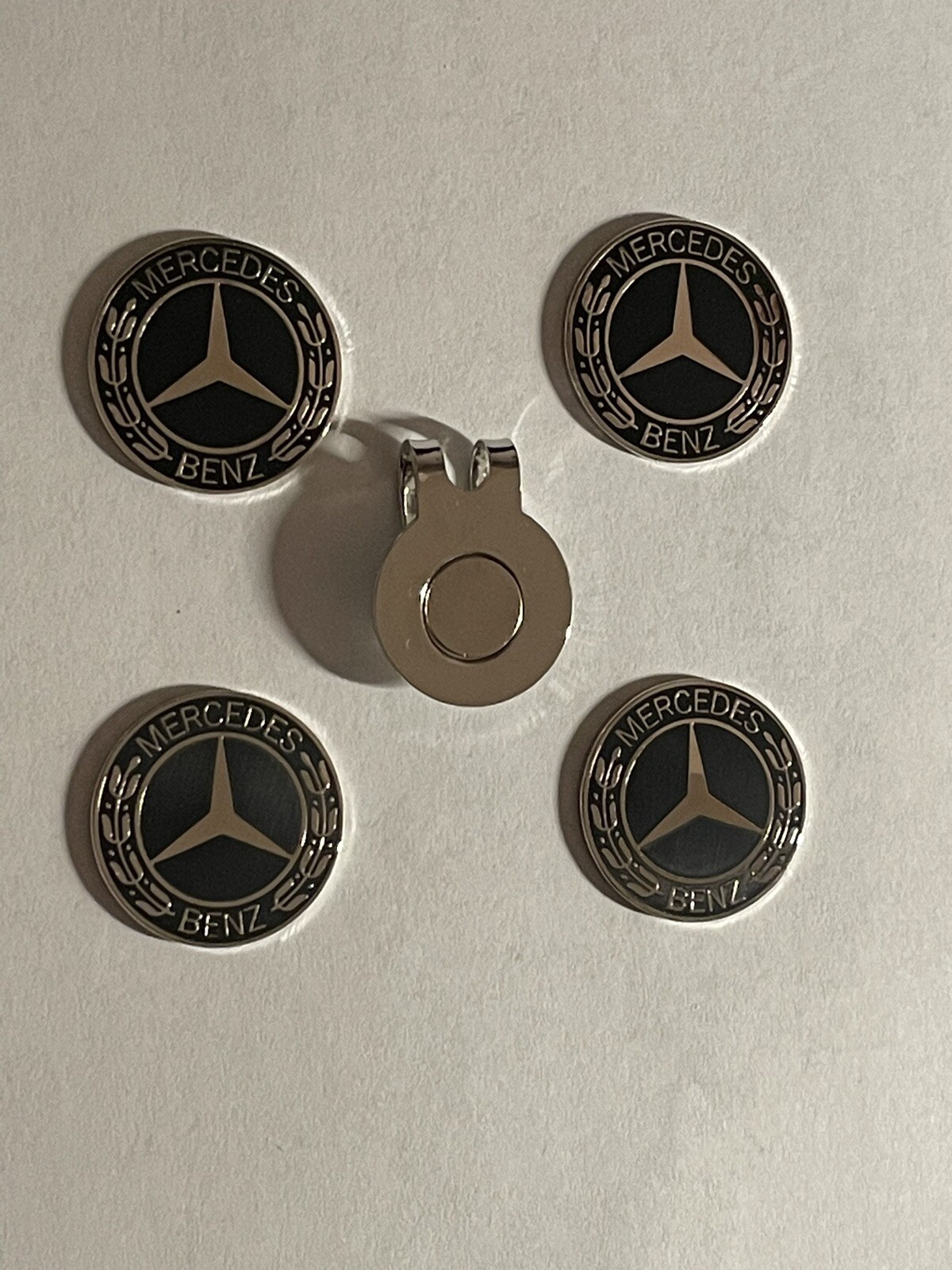 (4) Mercedes-Benz Logo Emblem 1" Coin Style Golf Markers With Bonus Hat Clip