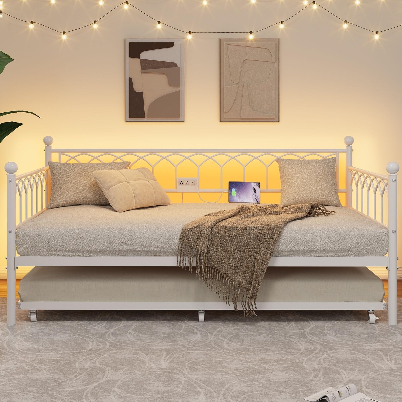 Metal Daybed W/Trundle Twin Size Day Bed Frame with Charging Station & LED Light