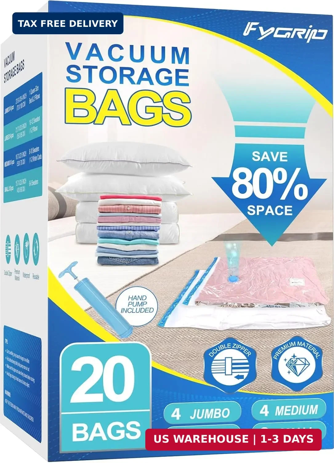 80% Space Saver Vacuum Storage Bags with Hand Pump, 20 Combo | Plastic Packaging