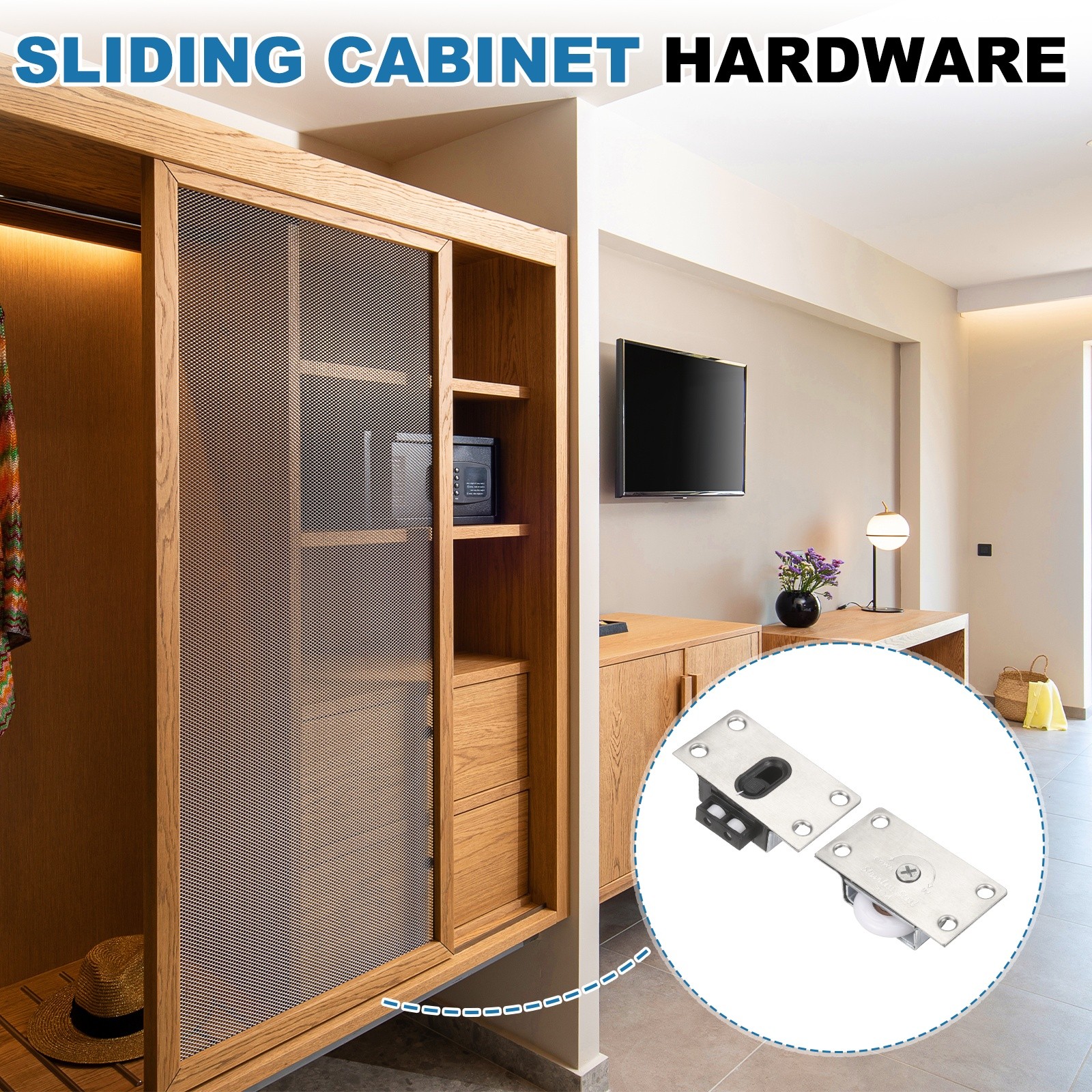 1Set Sliding Cabinet Hardware, 388 Top Bead Pulleys Track Set, Silver