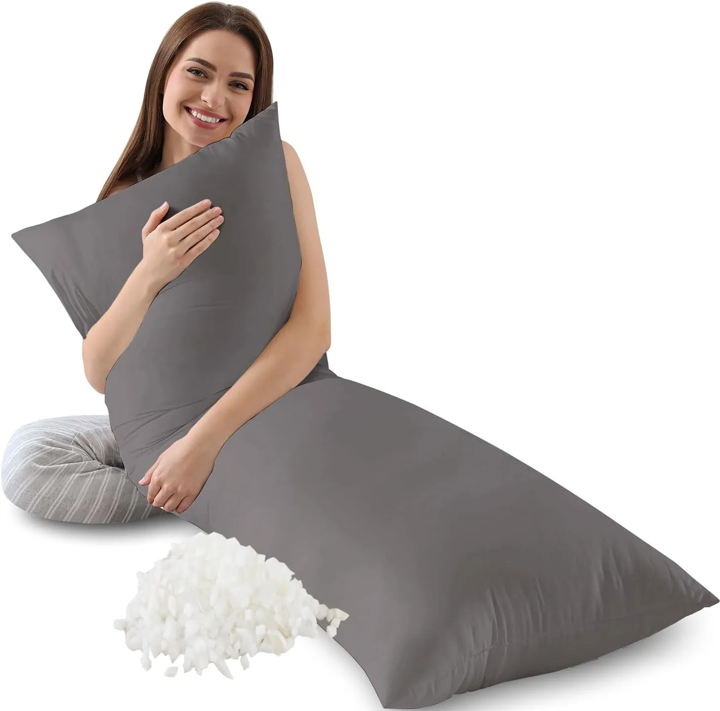 Grey Memory Foam Body Pillow Full Length Breathable Soft Supportive Adult Bed