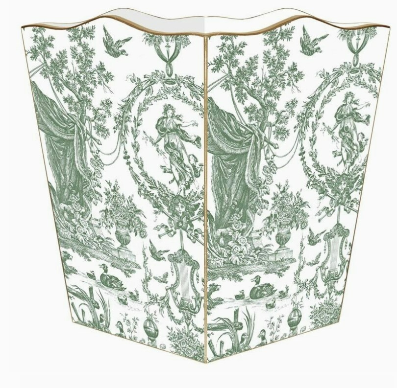 Marye-Kelley, 12" French Toile Sage Green, Wooden Wastepaper Basket, Gold Trim