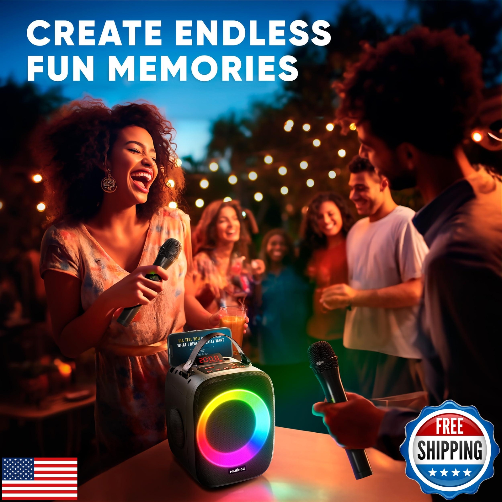 MASINGO Karaoke Machine for Kids and Adults with 2 Wireless Bluetooth Microph