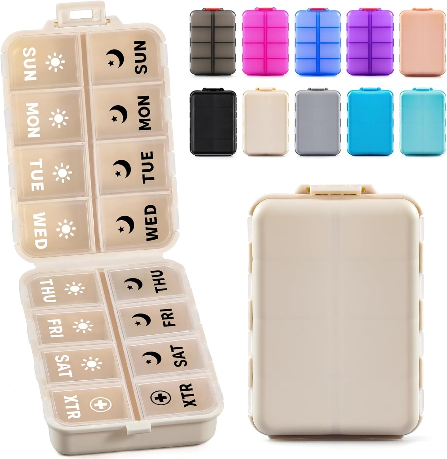 Foldable Weekly Pill Organizer 2 Times a Day with 2 Extra Compartments (