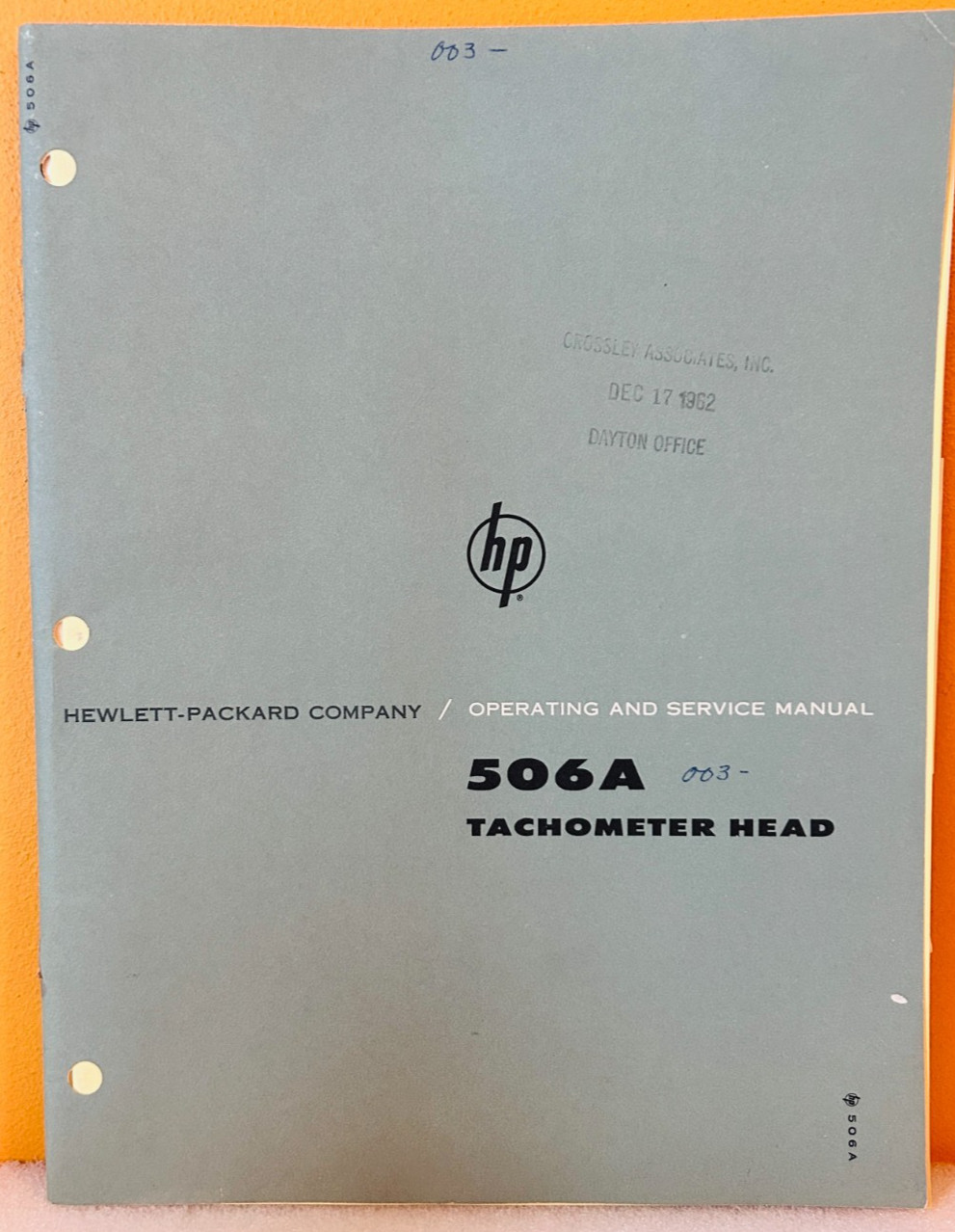HP 00146-2 1962 Model 506A Tachometer Head Operating & Service Manual.