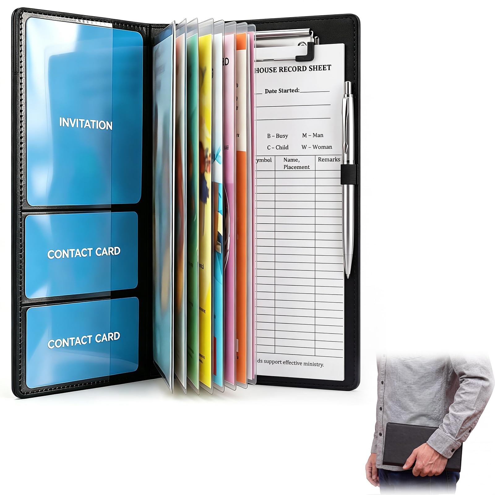 PU Leather Tract Holder Ministry Organizer With 50 Sheets 10x4.5 Inch Black