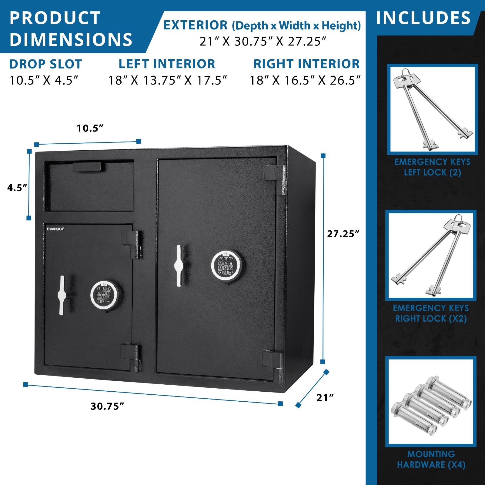 Barska 2.6 cu ft / 4.7 cu ft Double Keypad Compartments Safe + Drop Slot AX13316