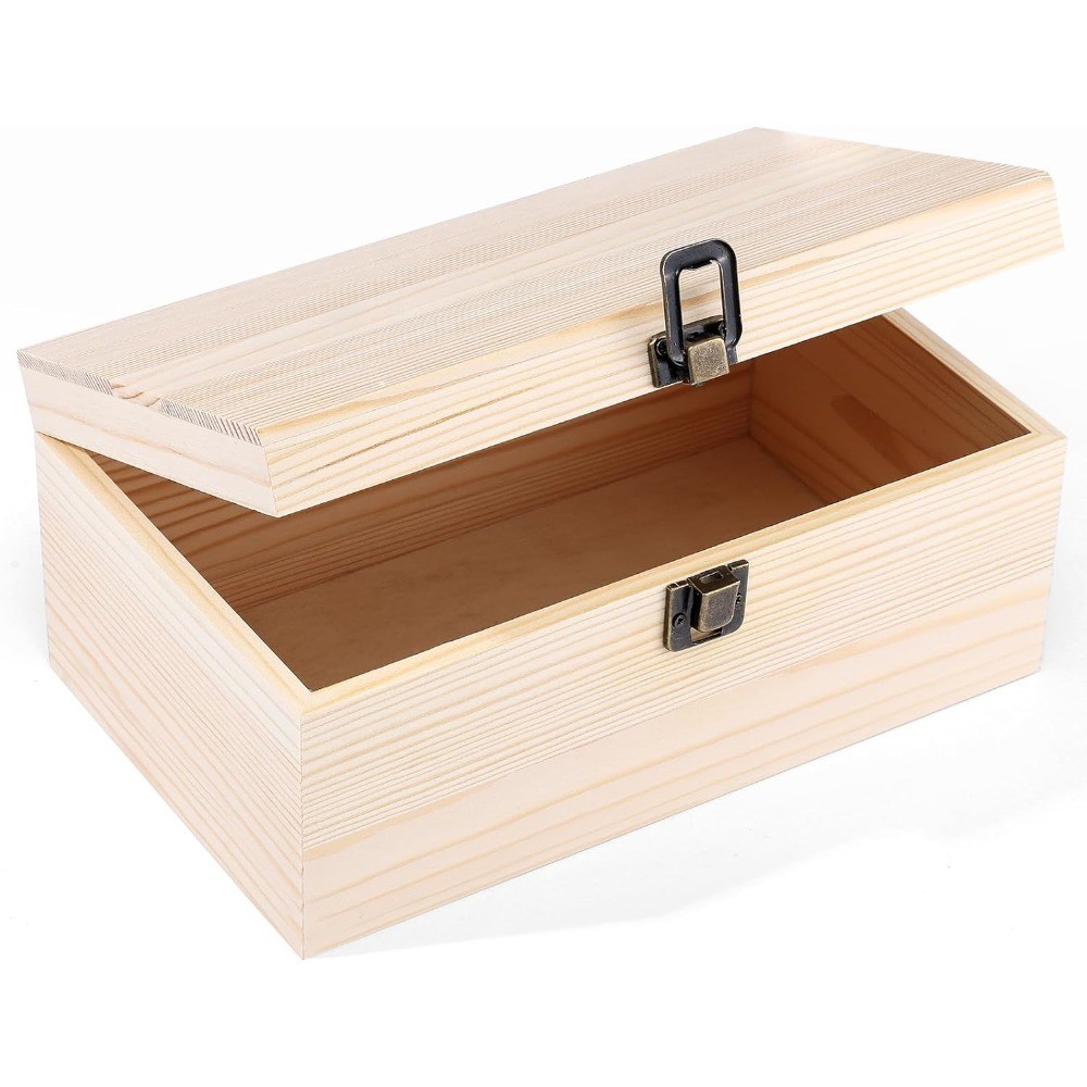 Unpainted Wood Box with Hinged Lid - Large 9.2"x5.5"x3.9" for Crafts DIY