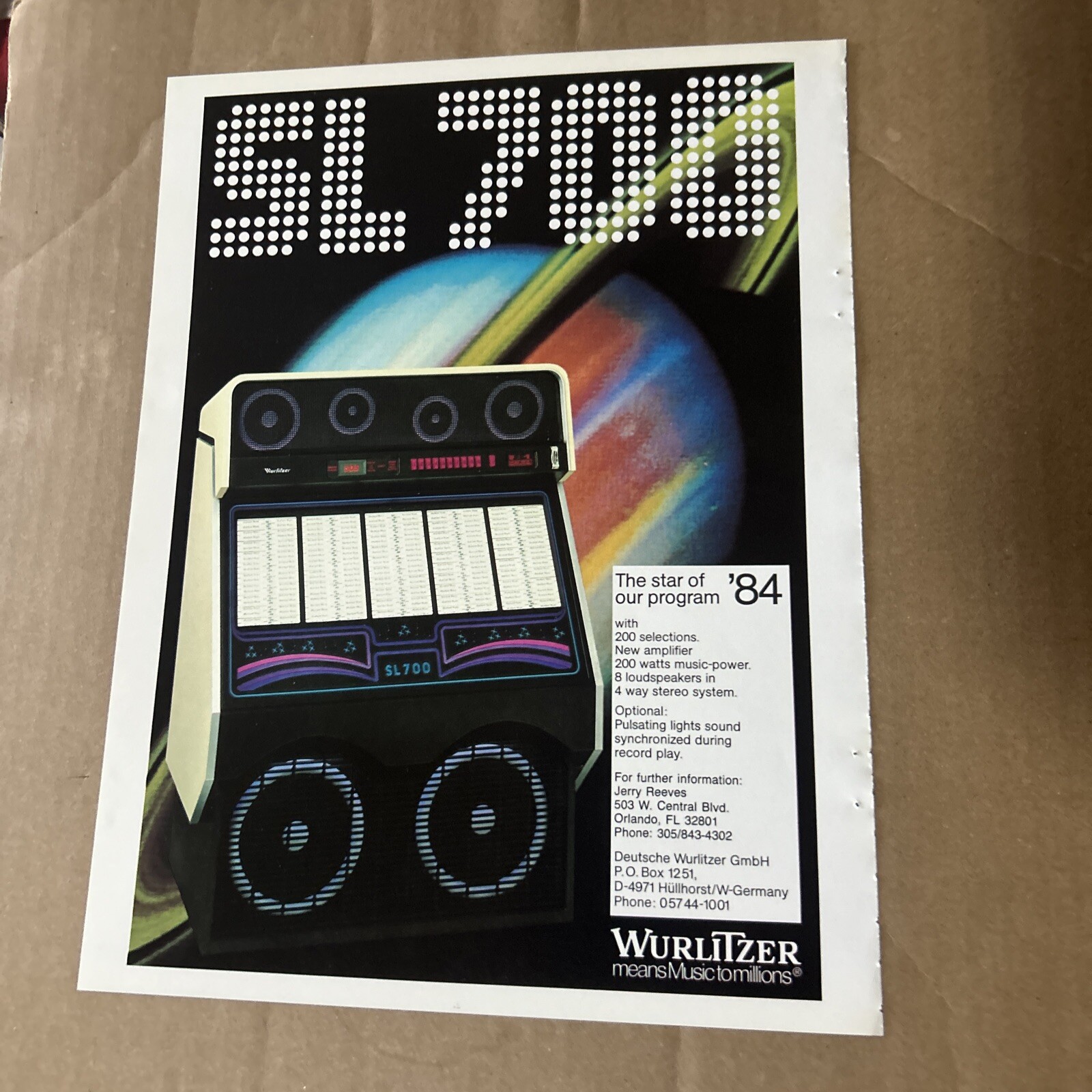 ORIGINAL ad 11- 8'' WurlitzEr Jukebox Sl 700 Photograph FLYER