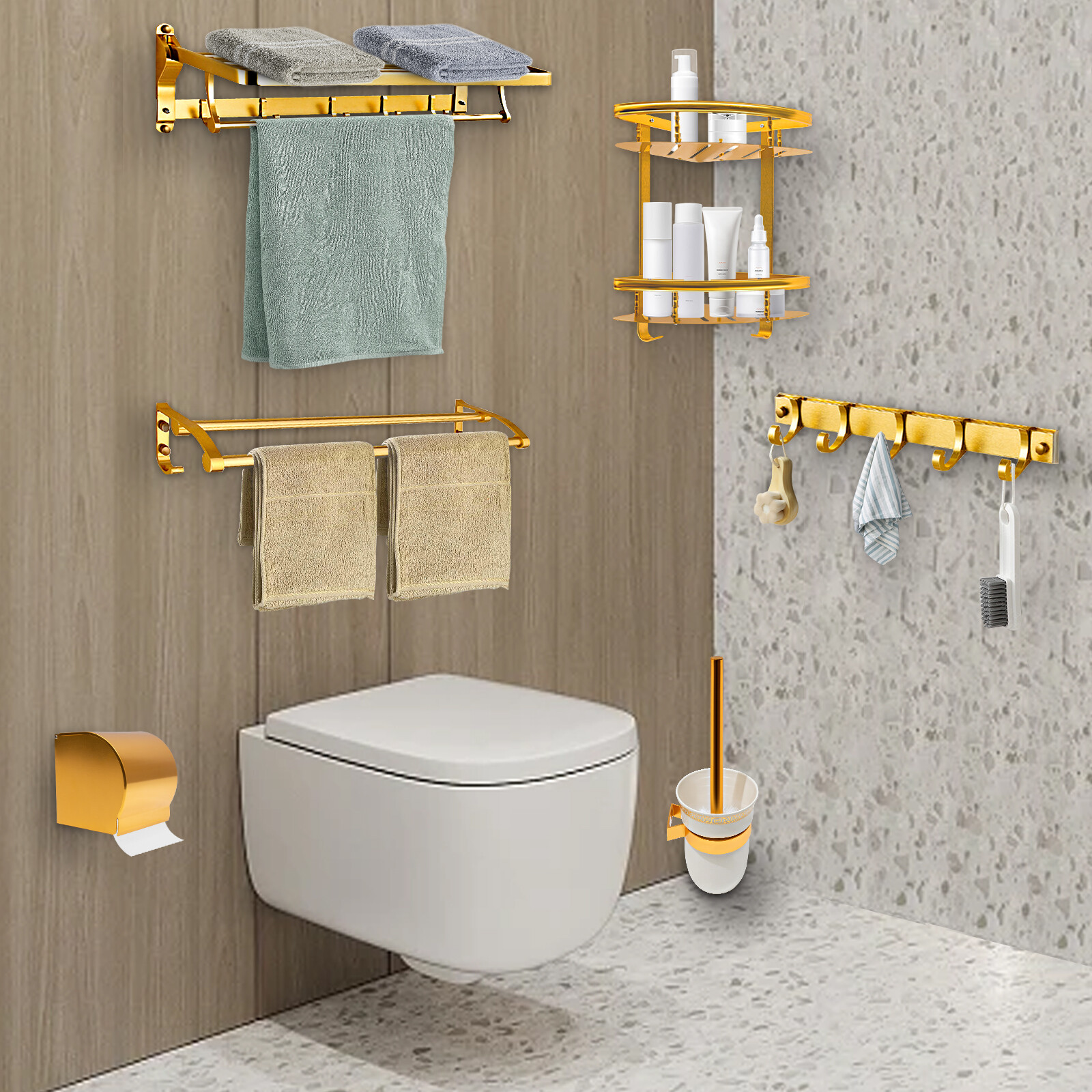 6PCS Luxury Bath Set Wall Mounted Bathroom Organizer Accessories Towel Shelf US