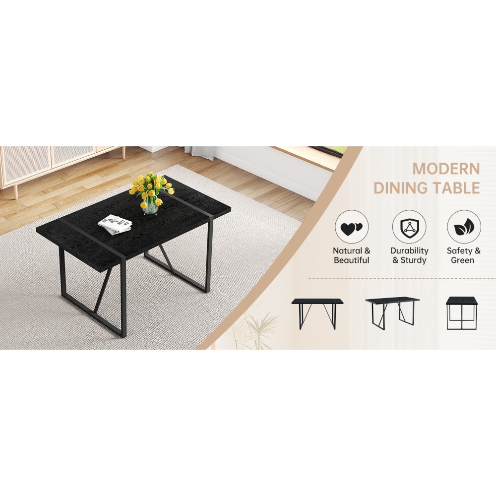 Black Wood Grain Rectangular Dining Table Set w/ 4 PU Chairs Modern