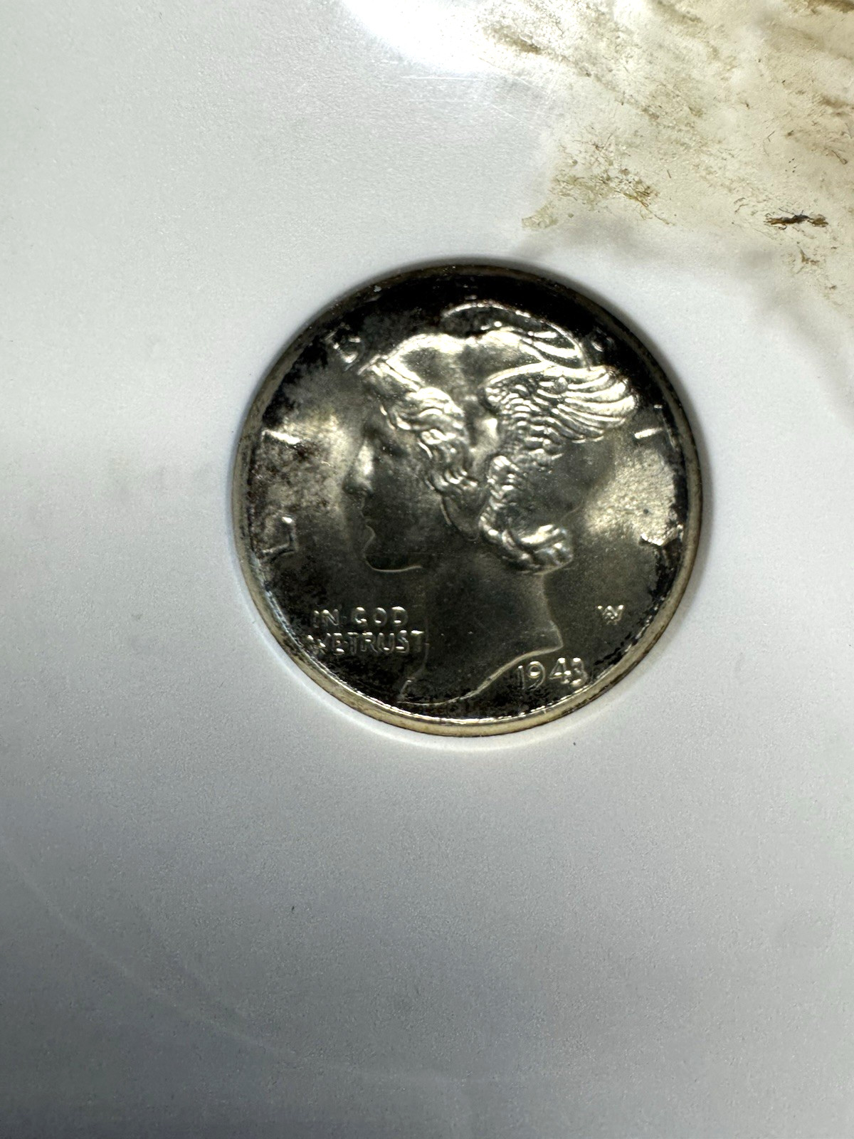 1943 MERCURY DIME ANACS MS65 FSB, old soap box holder