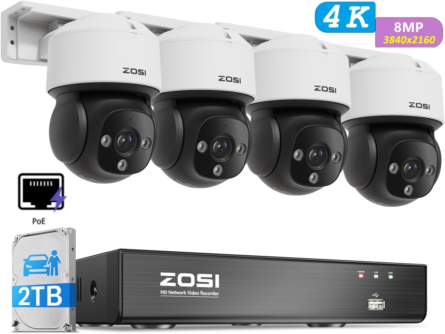 ZOSI C290 4K 8CH POE Security Camera System 4x8MP 360 View Outdoor IP Cam 2TBHDD
