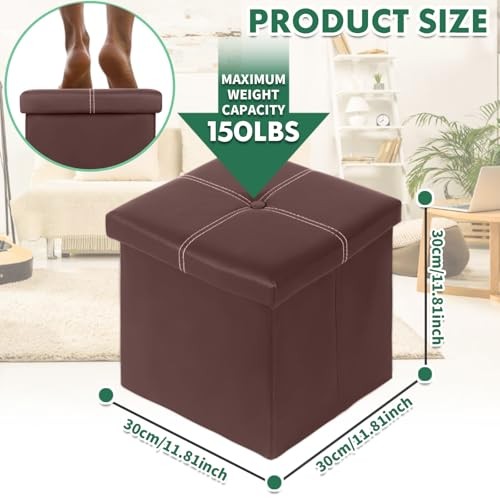 Small Folding Storage Ottoman Cube, Faux 11.8"D x 11.8"W x 11.8"H Brown
