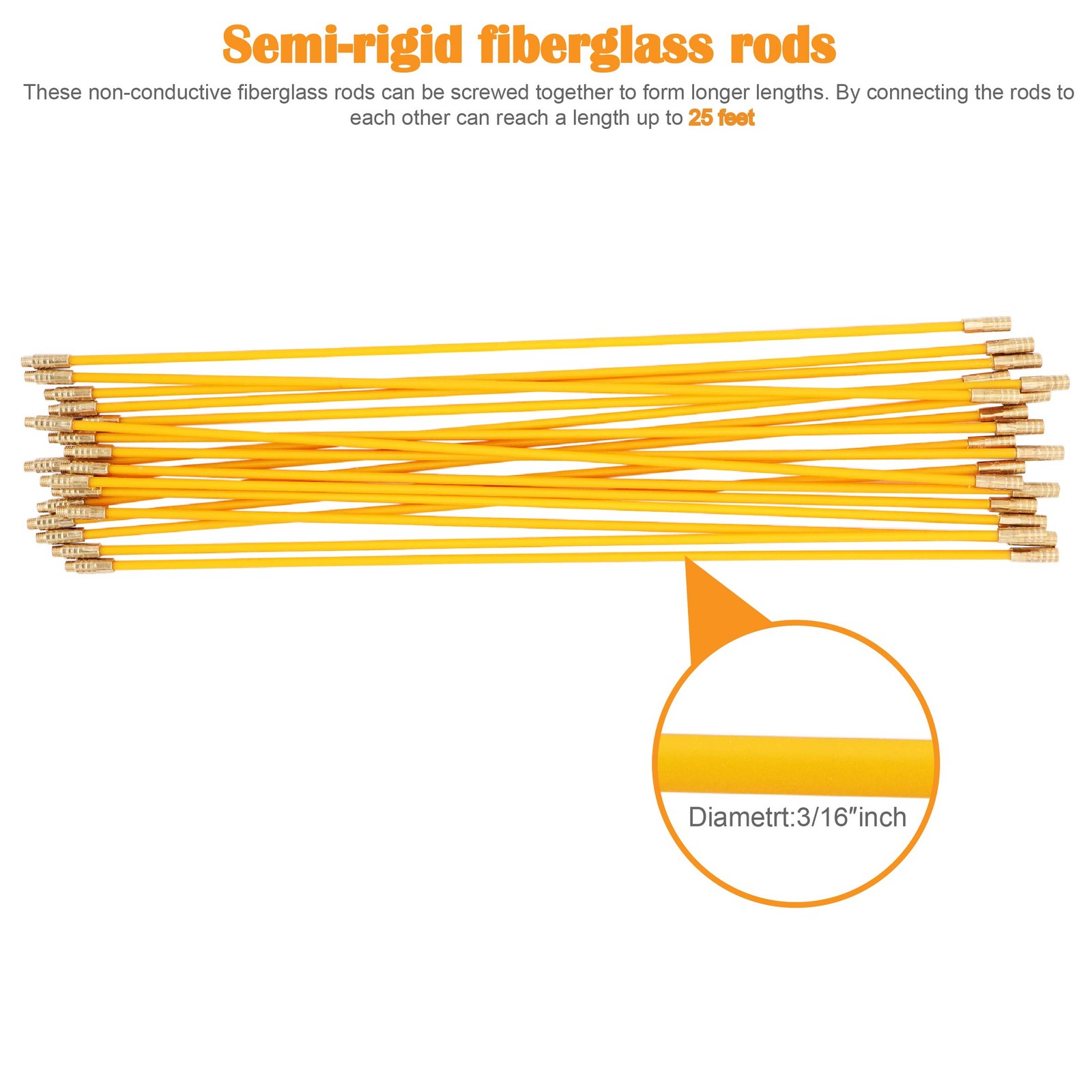 25FT Fiberglass Fish Tape Electrical Wire Cable Pulling Kit with Attachments