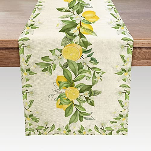 Spring Summer Leaves and Flowers Table Runners, Seasonal 13X72 IN Lemon&Flowers