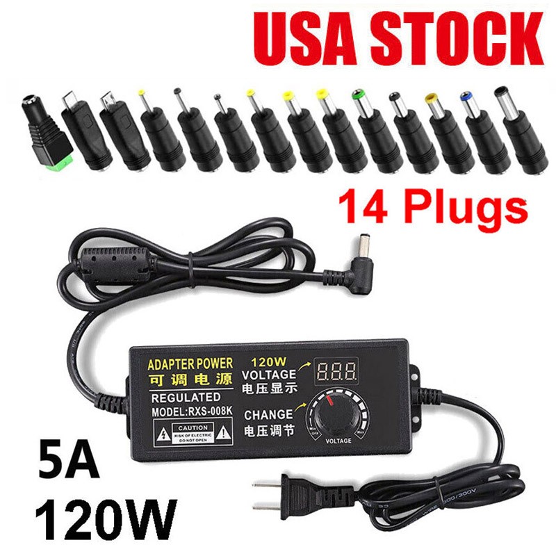 9V-24V 5A 120W Adjustable Voltage Power Supply Adapter Transformer 14 Plugs US
