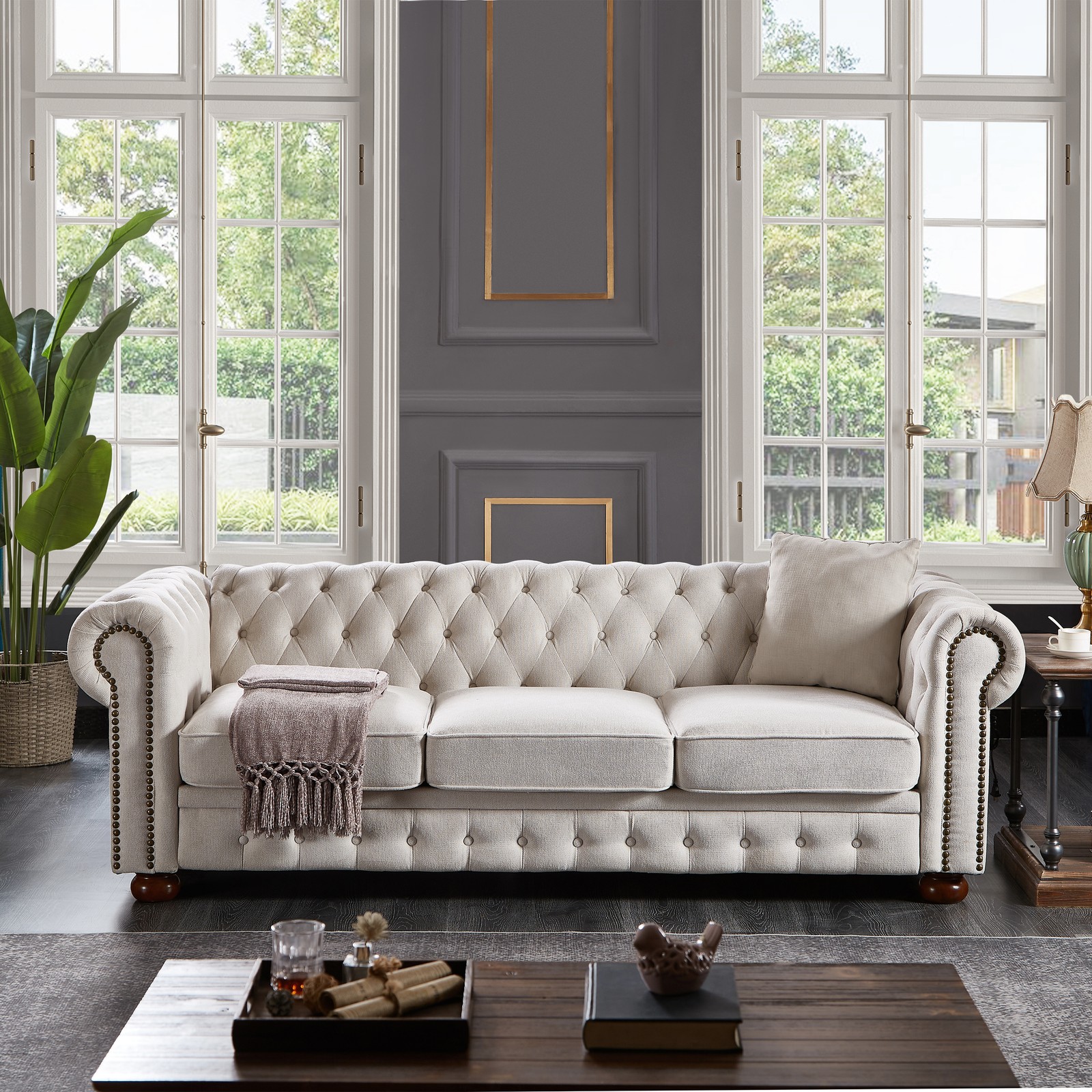 Chesterfield sofa beige linen fabric (Beige)|Beige