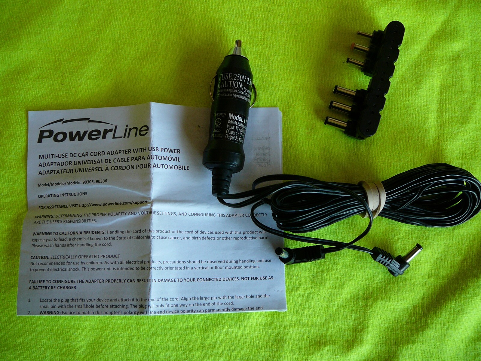 Powerline Universal Car Power Adapter 2 AMP USB Power With 7 Plugs