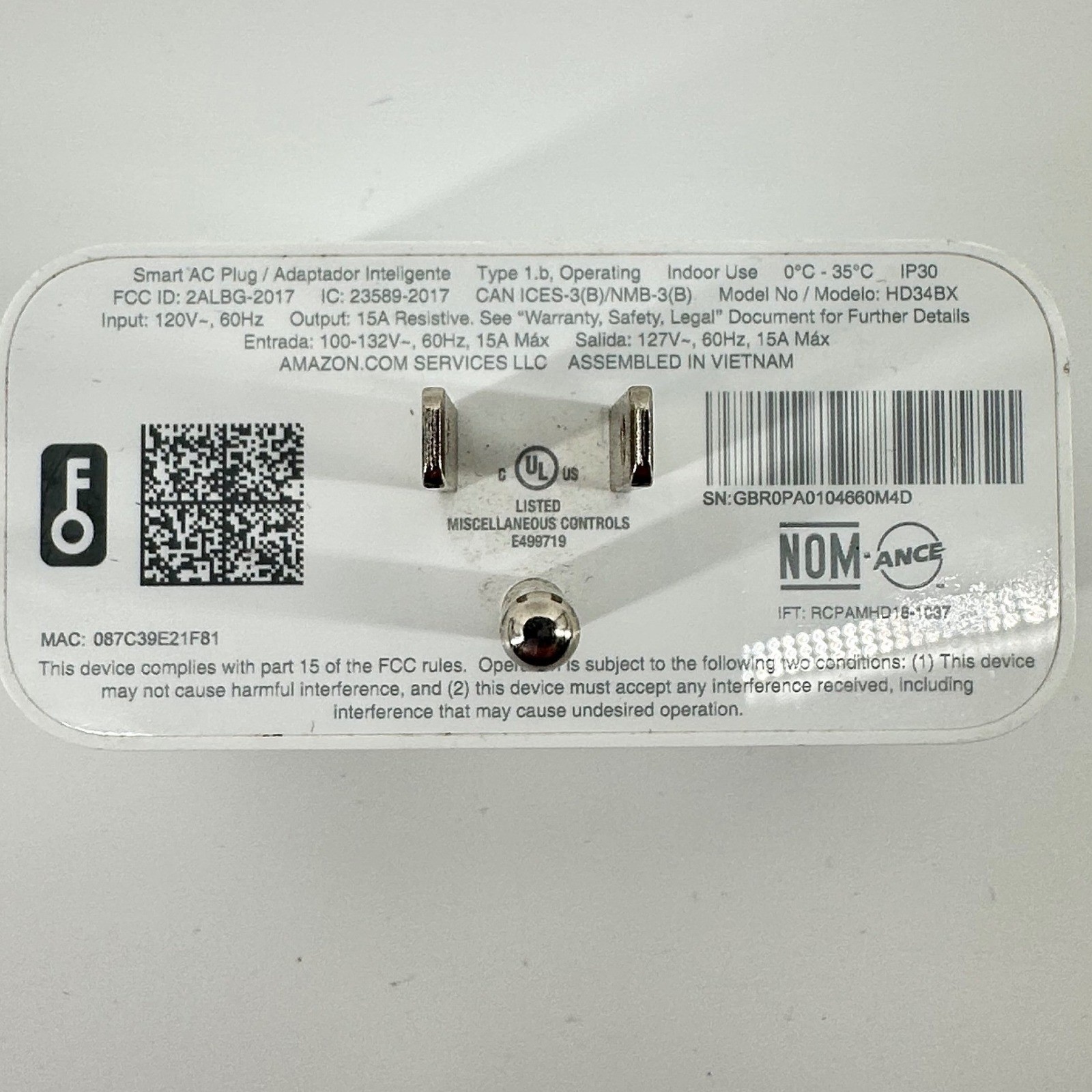 Amazon Smart Plug HD34BX Alexa Compatible White Excellent