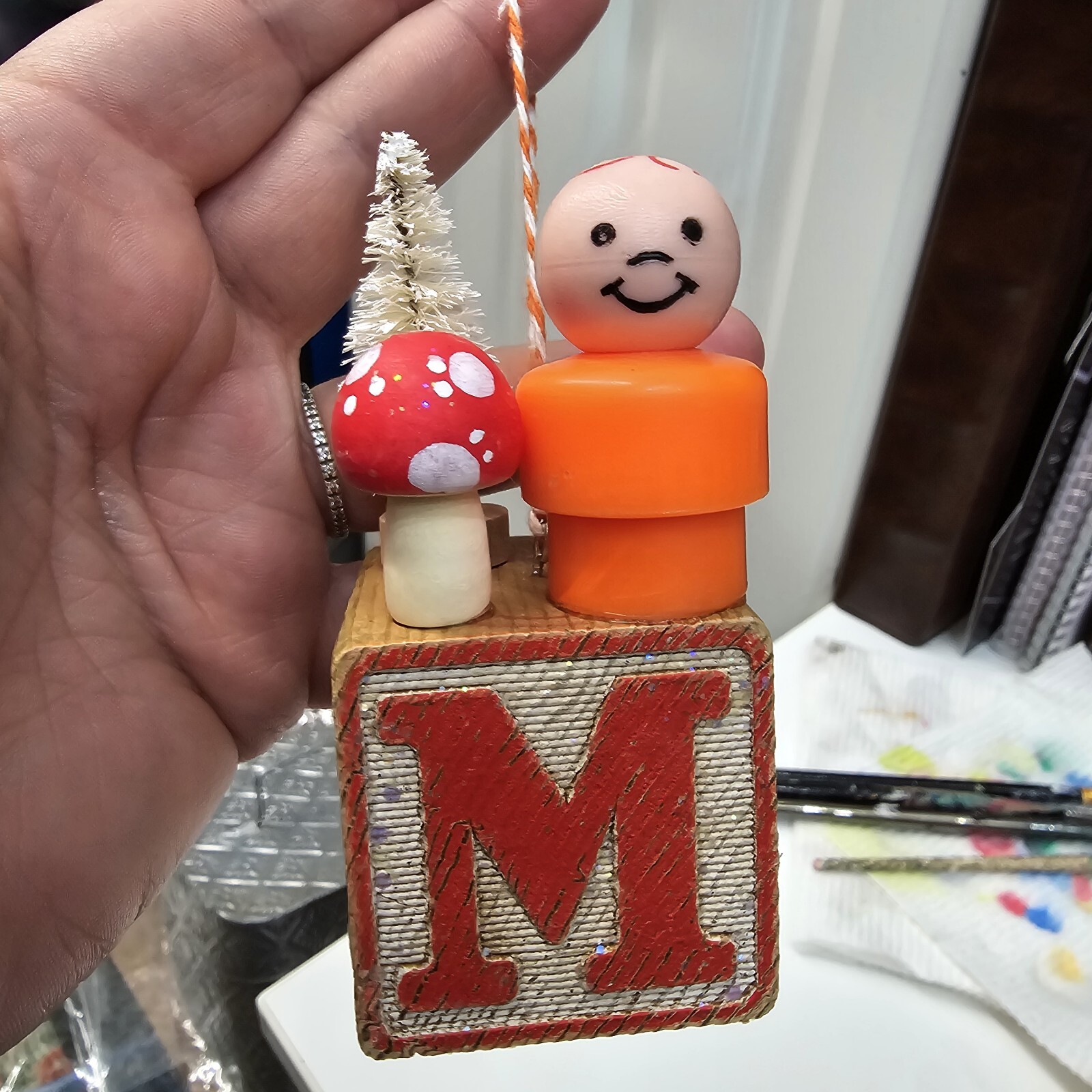 Vintage building block  Fisher Price Little People Christmas Ornament Letter M