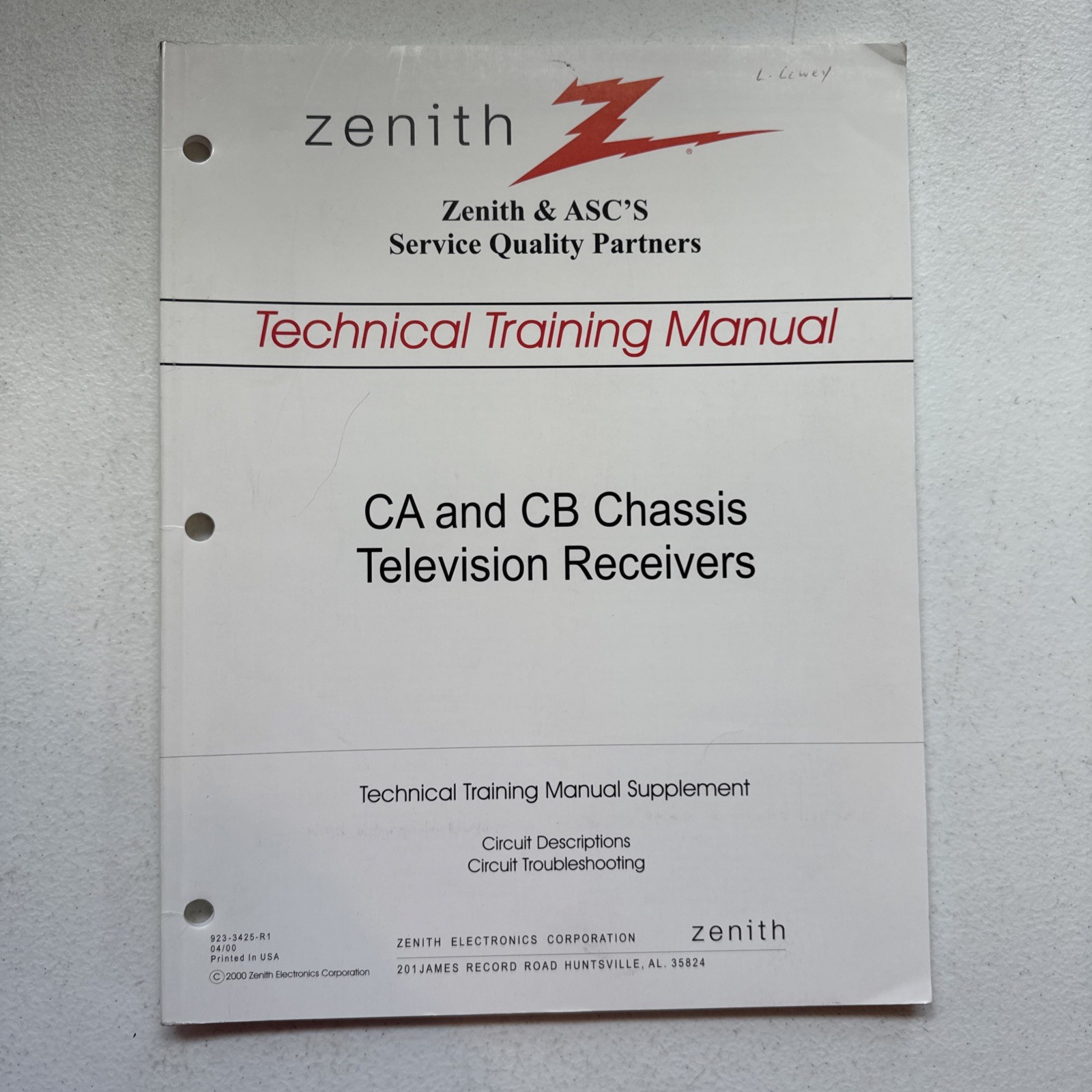 Zenith CA & CB Chassis Television Receivers Technical Training Manual 2000