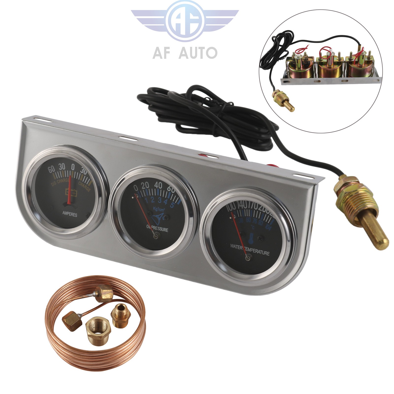 2" 52mm Chrome Car Triple Gauge Set Kit AMP Meter Water Temp Oil Pressure 3 in 1