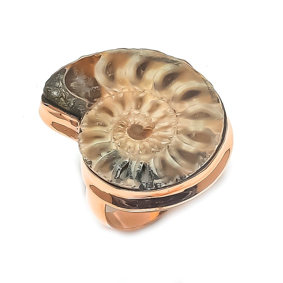 Ammonite Fossil Gemstone Copper Jewelry Ring Size 9 Gift for Her q732