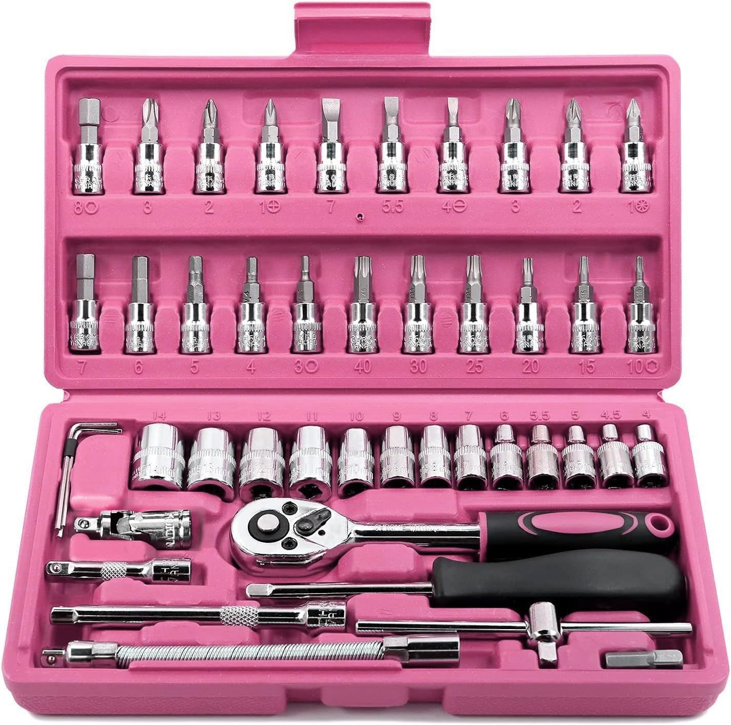 46 Pieces 1/4 inch Drive Socket Ratchet Wrench Set W/ Bit Socket Set Metric &