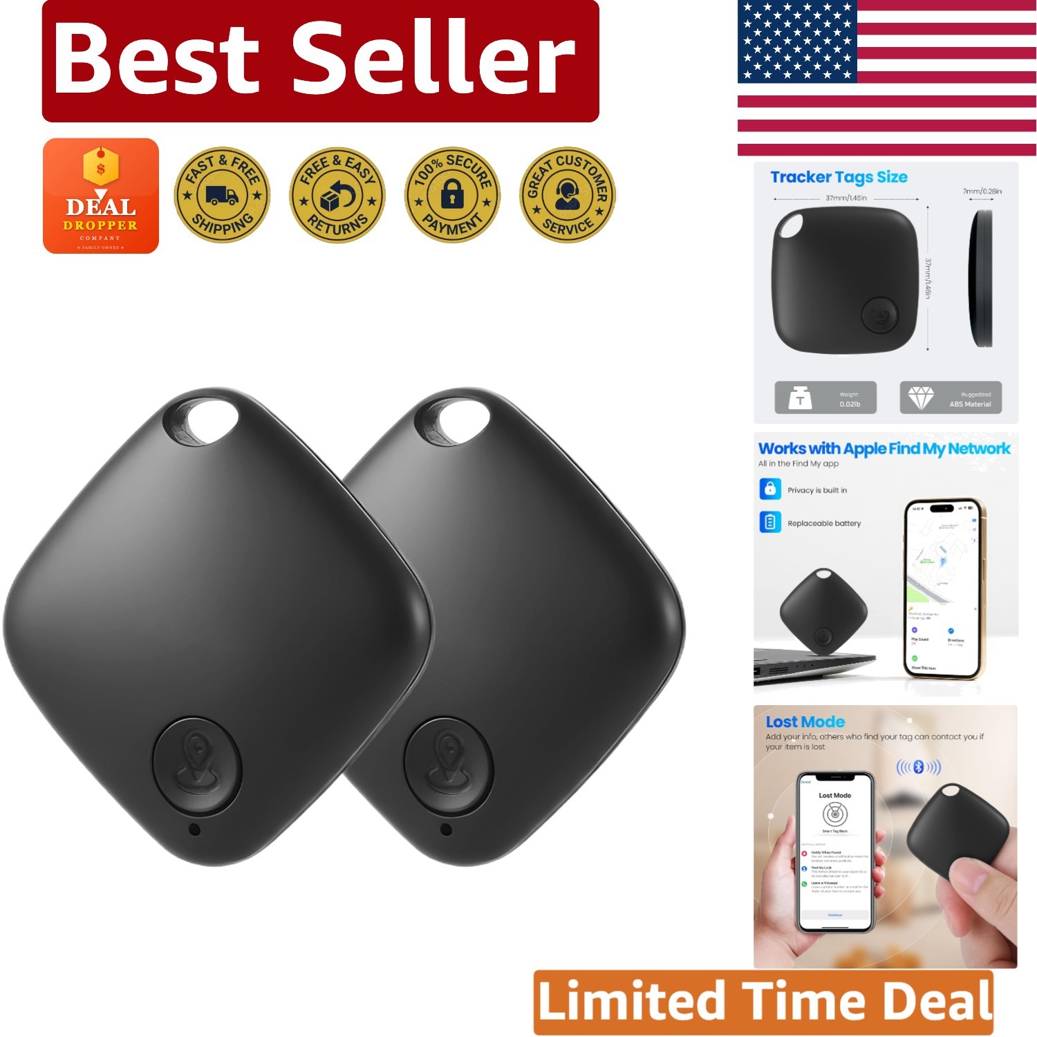 2-Pack Bluetooth Item Tracker with Replaceable Battery - Find My App Support