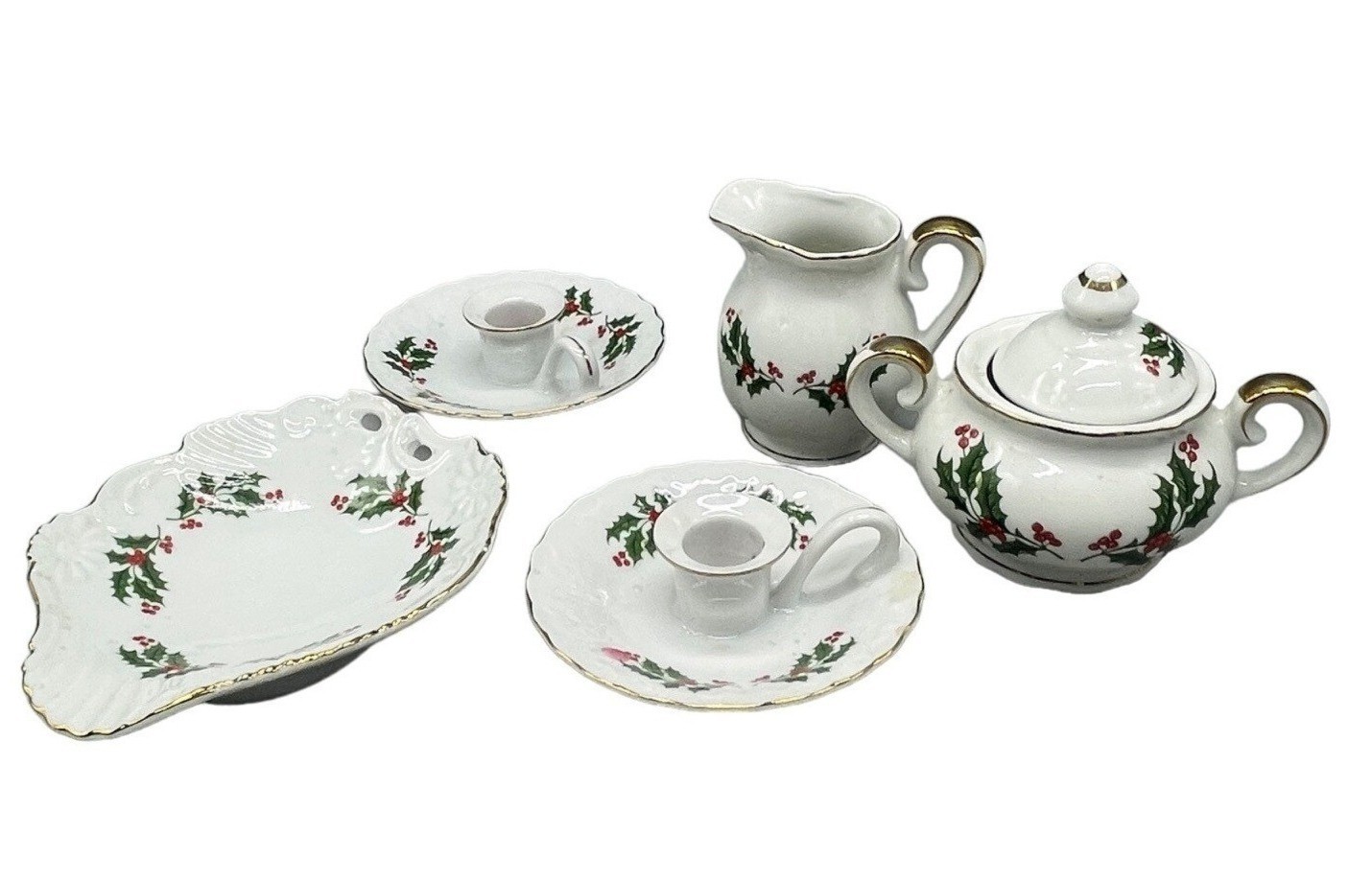 holly Christmas holiday dish & 2 candle holder set of 6 gold trim creamer READ