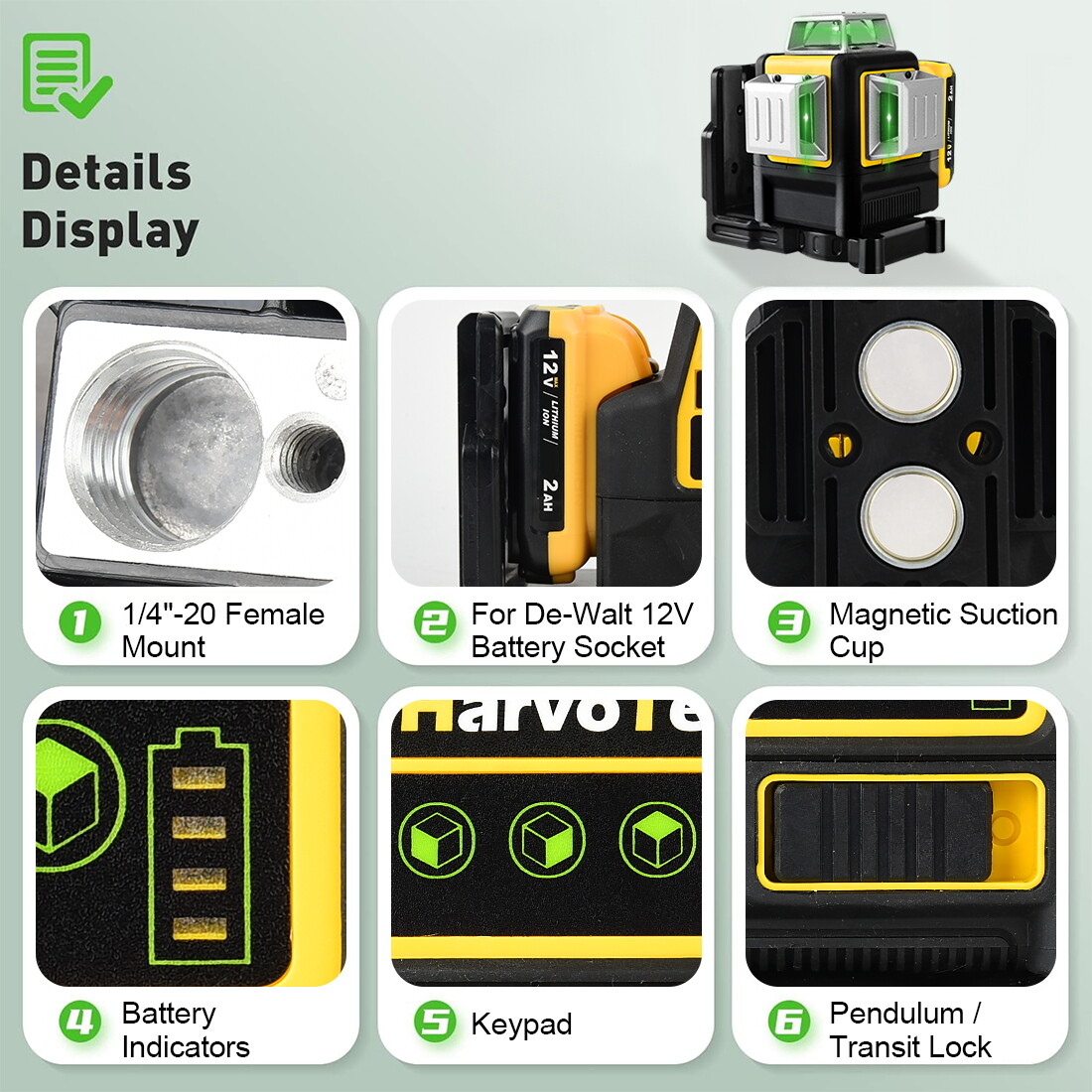 Laser Level for Dewalt 12V Green Line 3 x 360 Vertical 12 Lines +Battery+Charger