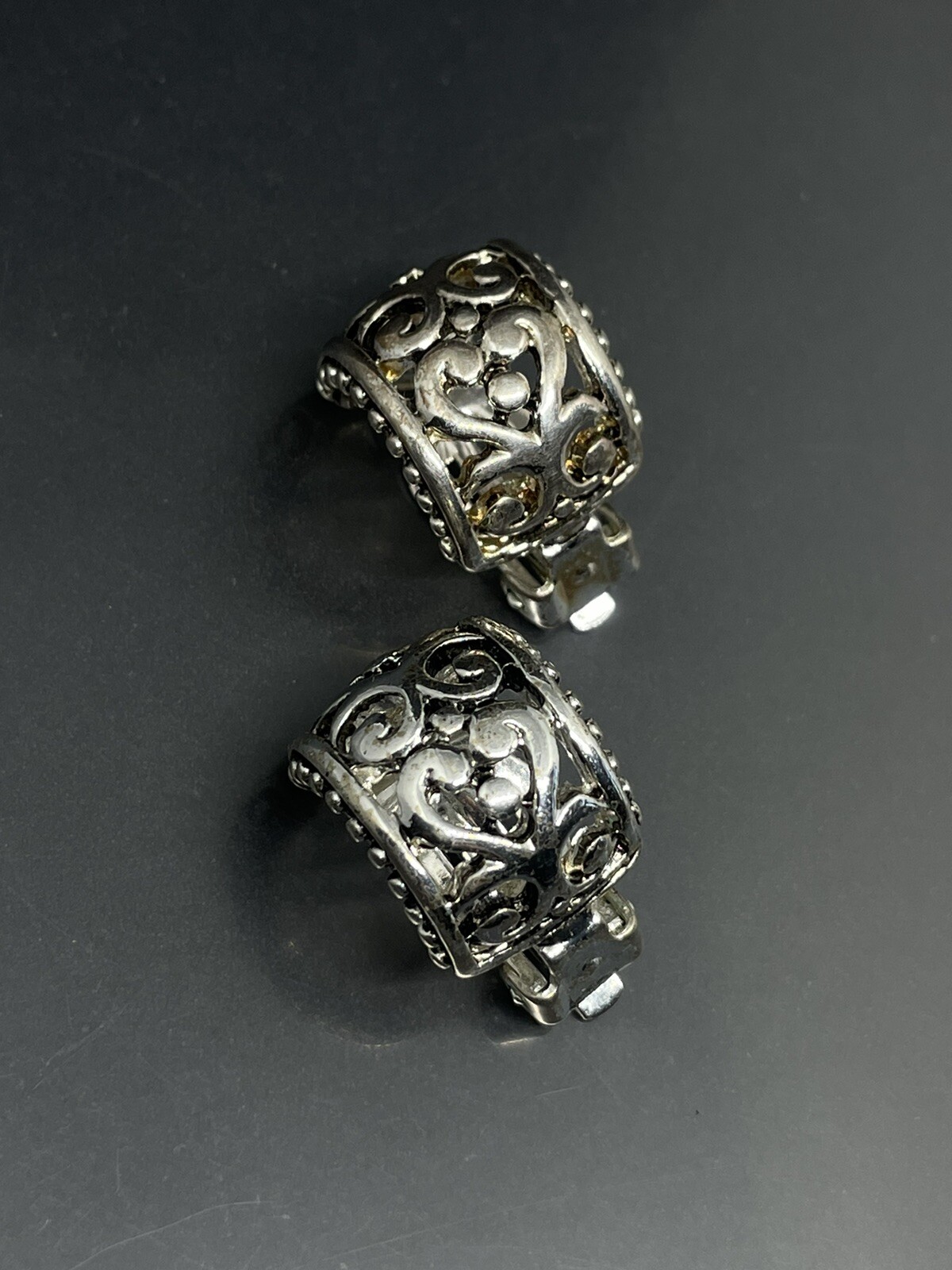 Vintage SilverTone Ornate Hearts Love Scroll Half Hoop Retro Clip On Earrings