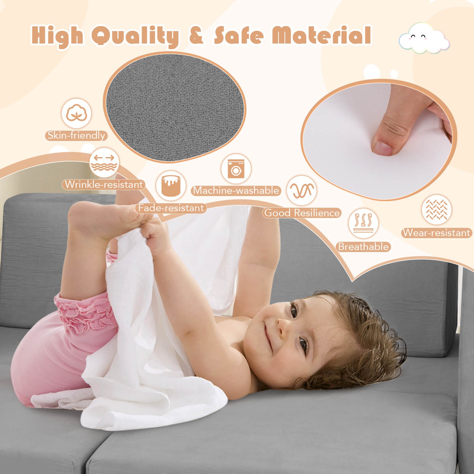 8 PCS Modular Kids Play Couch Sofa with Suede Fabric Cover High-Density Foam