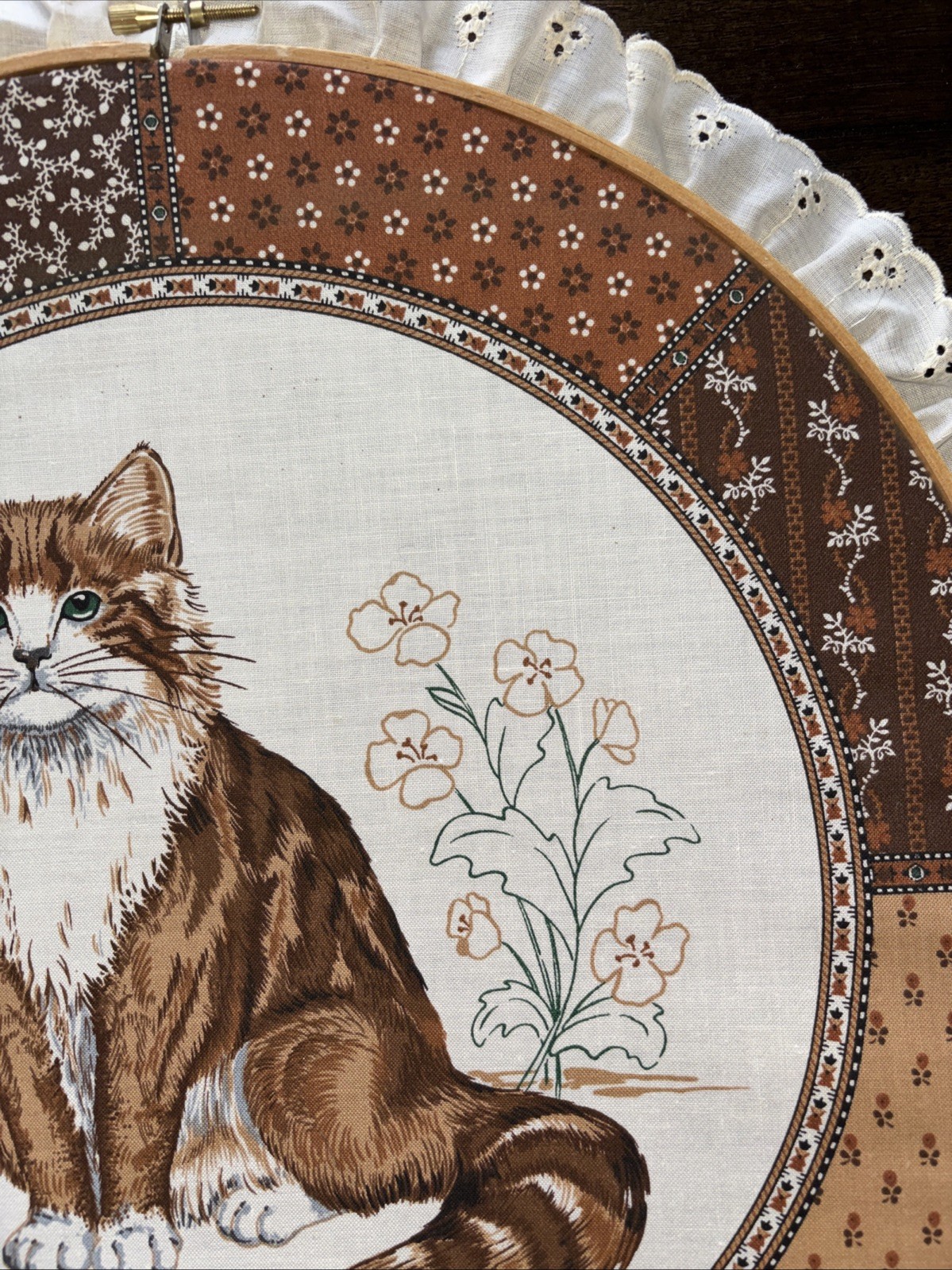 Vintage Large Embroidery Hoop Cranston Cat Print With Lace Trim. . 14.5 inches.