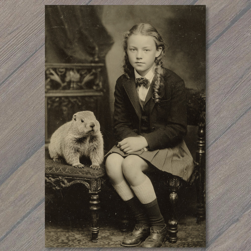 POSTCARD Girl Sitting Beside Groundhog Formal Portrait Antique Style Odd Whimsy