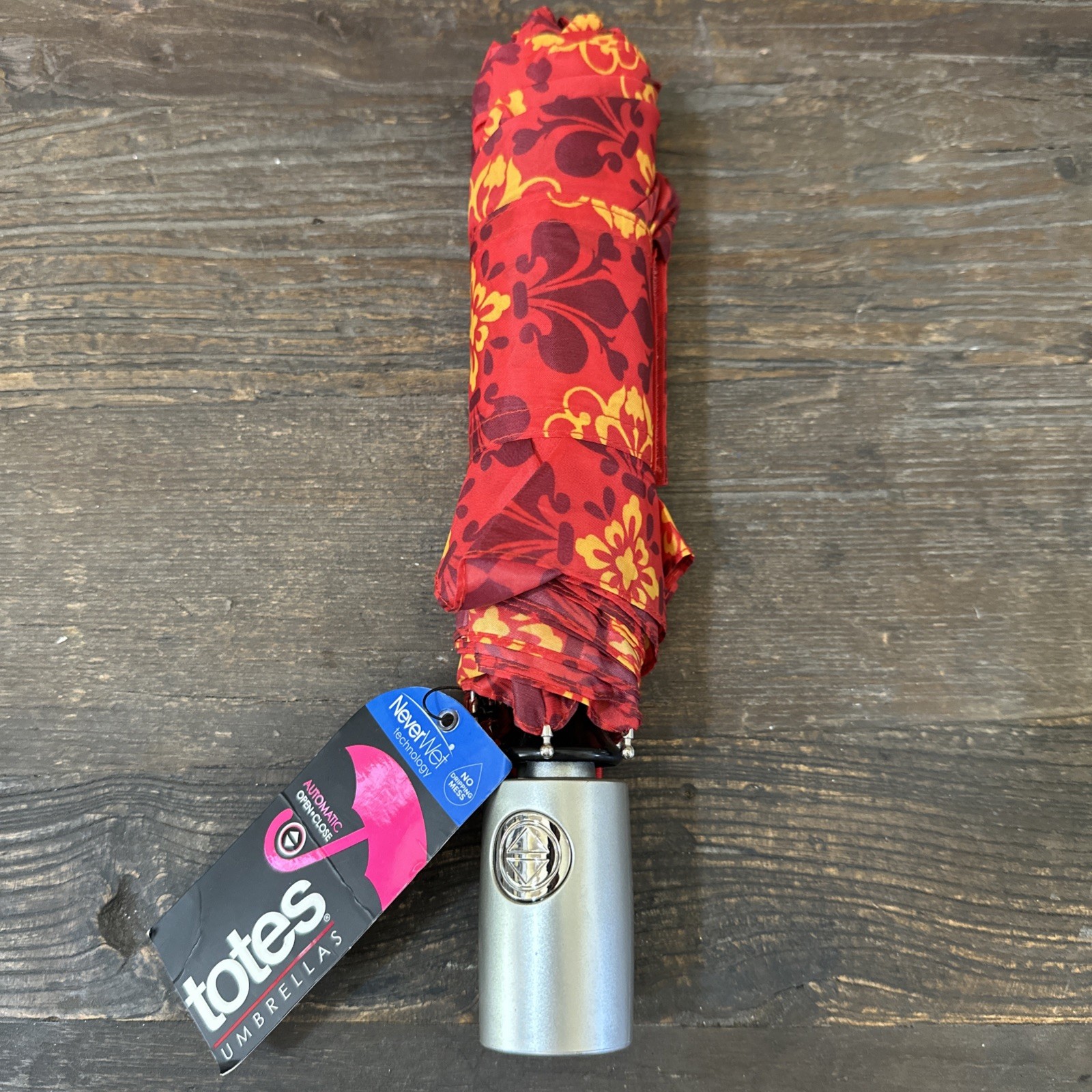 Totes Never Wet Strength Umbrella Paisley RED Yellow Wind Resistant NEW!