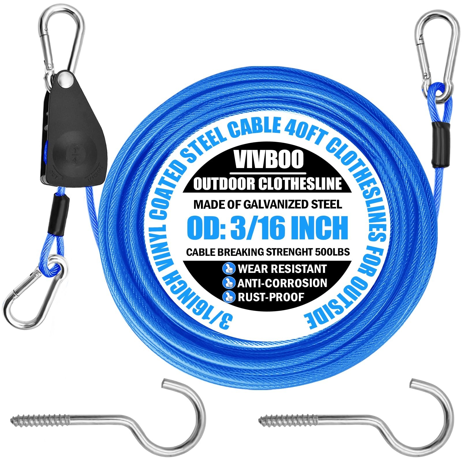 40ft Clothes Line Outdoors 3/16"Wire Ropes Blue PVC Coating Laundry Drying