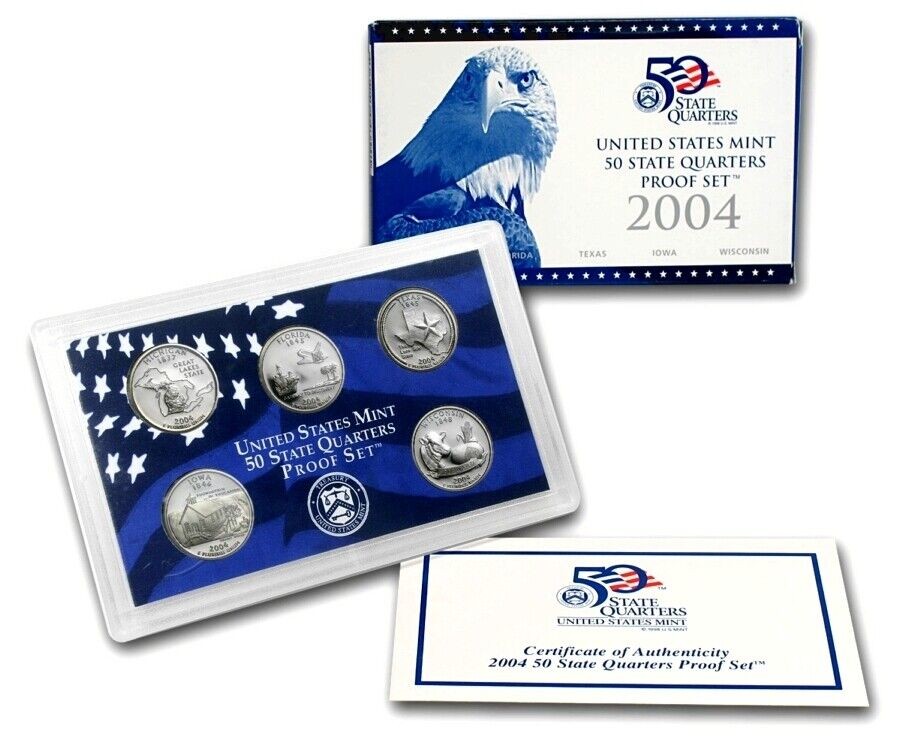 5 US Coins United States Mint 2004 50 State Quarter Proof Set Original Packaging