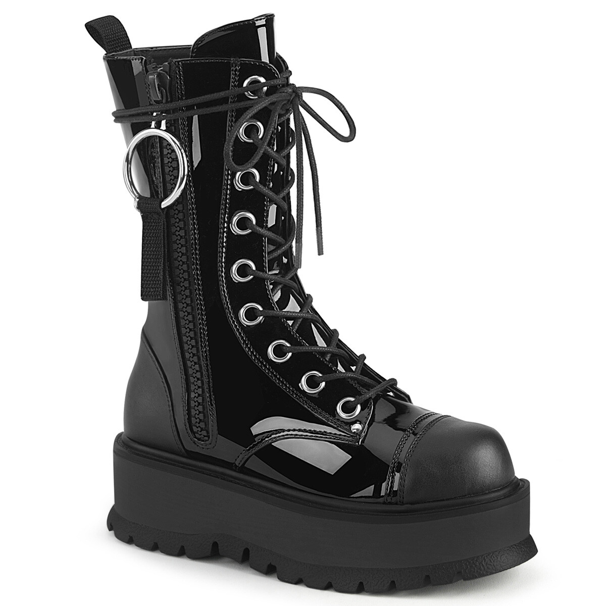 DEMONIA SLACKER-220 Women's Black 2" Platform Lace-Up Mid-Calf Outside Zip Boots