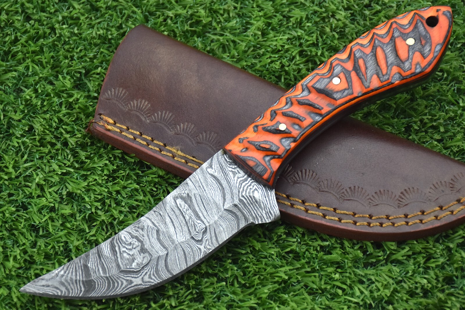 Damascus steel forged handle scale skinning knife with Leather sheath -2680
