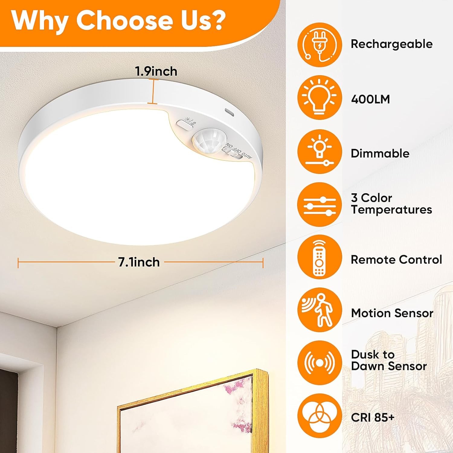 10000mAh Rechargeable Motion Sensor Ceiling Light with Remote, Battery Operat...