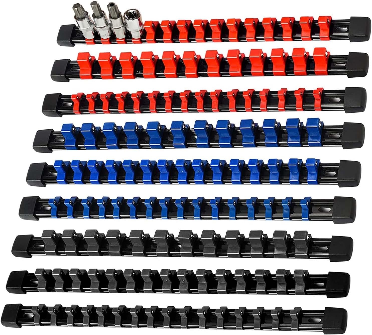 9 Pcs Socket Holder Organizer Mountable Sliding Rail Rack 129 slot 14 Inch ABS