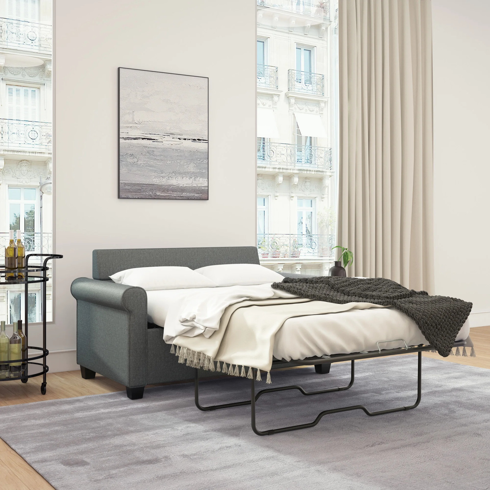 Sofa Bed Pull Out Sleeper Loveseat Couch Twin Adult Size Rolled Arms Gray