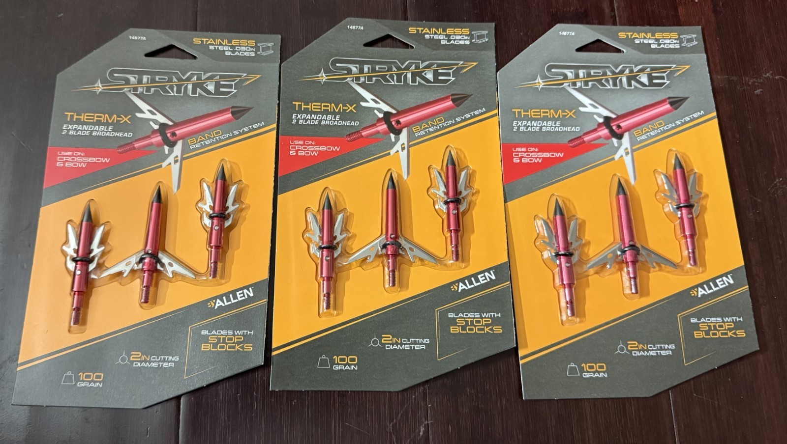 Lot Of 3 - Allen Stryke Therm-X 100 Grain Expandable 2 Blade 2" Cut Broadhead
